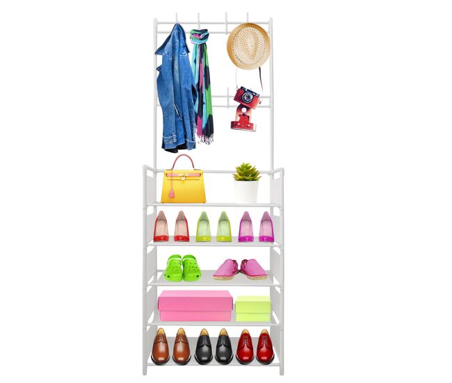 Recibidor perchero organizador entrada tela 5 baldas zapatero 20 pares 8 colgadores 167x60x26cm blanco