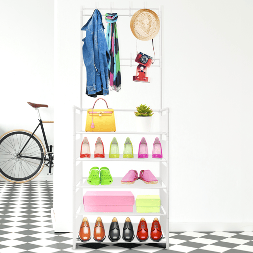 Organizador de cabide para corredor, tecido de entrada, 5 prateleiras, sapateira, 20 pares, 8 cabides, 167x60x26cm Branco