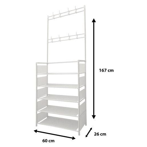 Organizador de cabide para corredor, tecido de entrada, 5 prateleiras, sapateira, 20 pares, 8 cabides, 167x60x26cm Branco