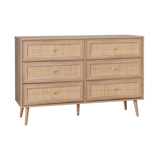 Cómoda com efeito de madeira e cana de 6 gavetas, Boheme, Natural, 120x39x79 cm