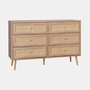 Cómoda com efeito de madeira e cana de 6 gavetas, Boheme, Natural, 120x39x79 cm