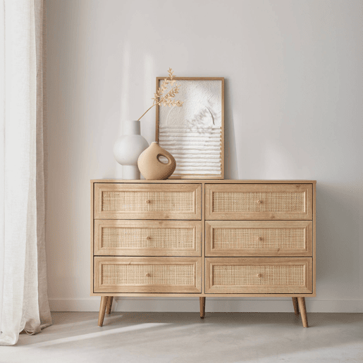 Cómoda com efeito de madeira e cana de 6 gavetas, Boheme, Natural, 120x39x79 cm
