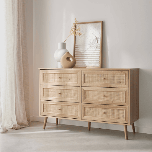 Cómoda com efeito de madeira e cana de 6 gavetas, Boheme, Natural, 120x39x79 cm