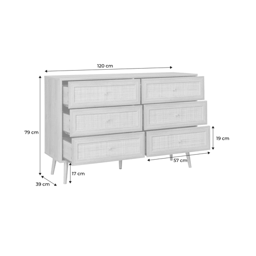 Cómoda com efeito de madeira e cana de 6 gavetas, Boheme, Natural, 120x39x79 cm