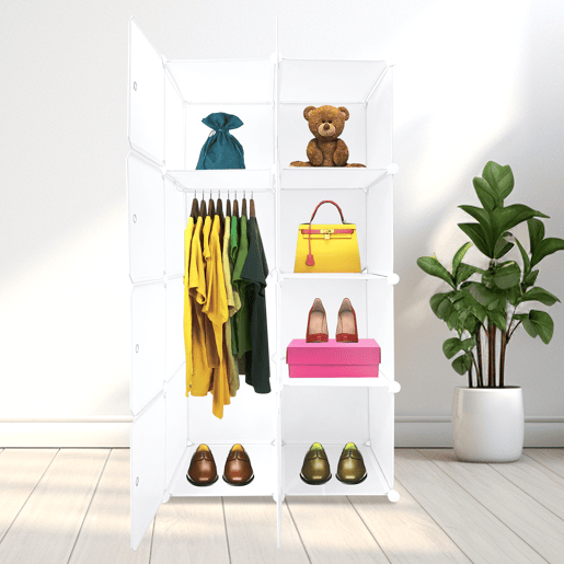Guarda-roupa em cubo personalizável, caixa simplesmente nyana home 8 cubesportas, organização doméstica, cabideiro, sapateira, 147x75x47cm, branco