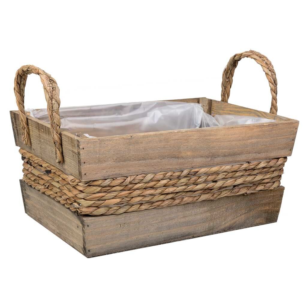 Cesto de madera y cuerda con asas marrón 33x23x15