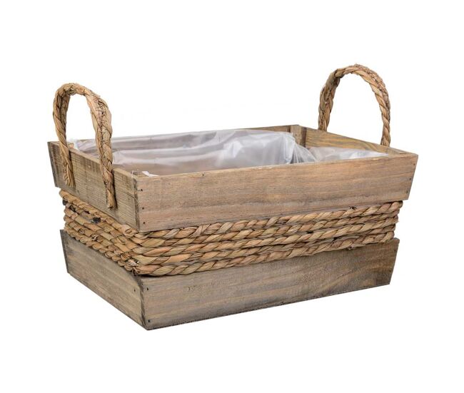 Cesto de madera y cuerda con asas marrón 33x23x15