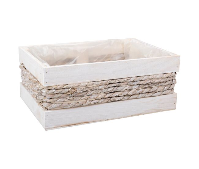 Cesto de madera y cuerda blanco 30x20x12/27