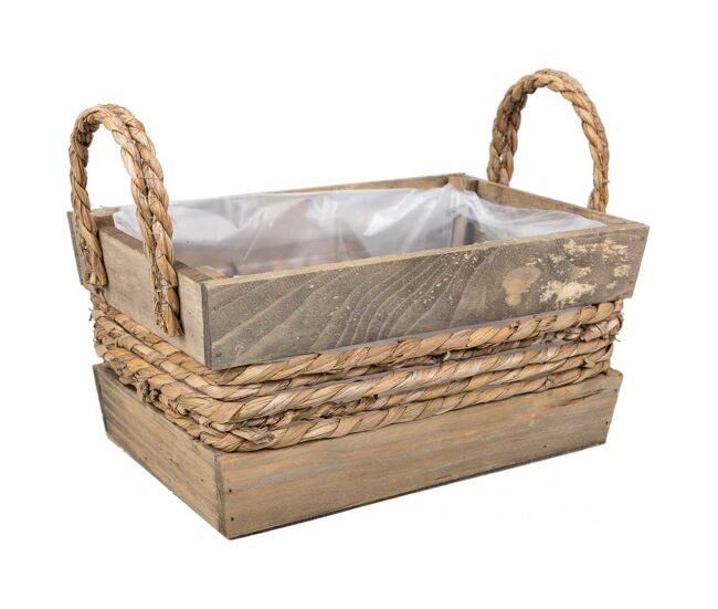 Cesto de madera y cuerda con asas marrón 29x19x14