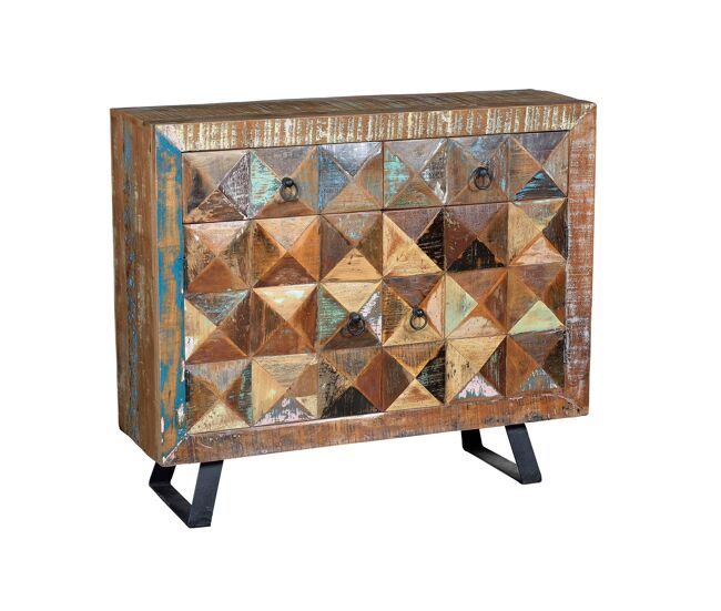 Recibidor con 2 cajones y 2 puertas en madera reciclada con estante interiores y patas en metal caracteristicas: mueble expuesto a variaciones de color en el diseño medidas: 87cm alto x 100cm ancho x 32cm fondo peso: 44 kg medida embalaje: 91x104x36cm