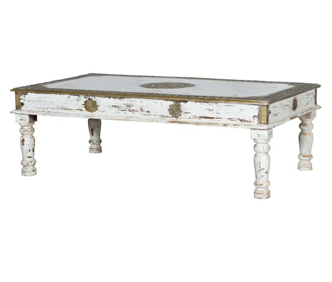 Mesa de café madera de mango en blanco envejecido 45x140x80
