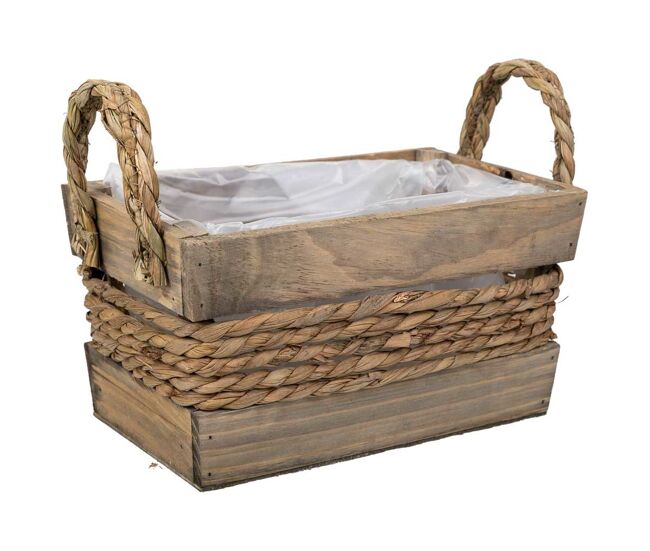 Cesto de madera y cuerda con asas marrón 25x15x13