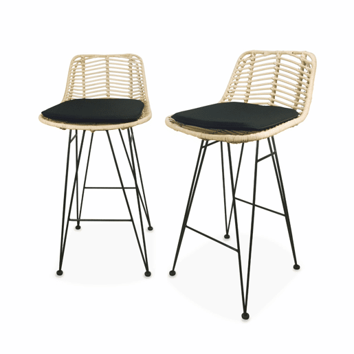 Banco alto de cozinha em metal e rotim, set de 2, Cahya, Preto, 42.5x48x90 cm