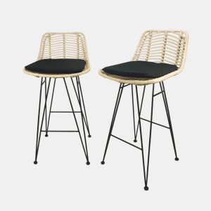 Banco alto de cozinha em metal e rotim, set de 2, Cahya, Preto, 42.5x48x90 cm