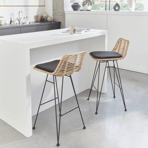 Banco alto de cozinha em metal e rotim, set de 2, Cahya, Preto, 42.5x48x90 cm