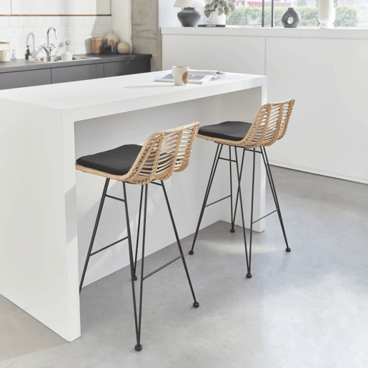 Banco alto de cozinha em metal e rotim, set de 2, Cahya, Preto, 42.5x48x90 cm