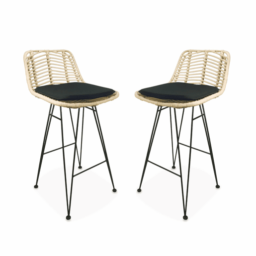 Banco alto de cozinha em metal e rotim, set de 2, Cahya, Preto, 42.5x48x90 cm