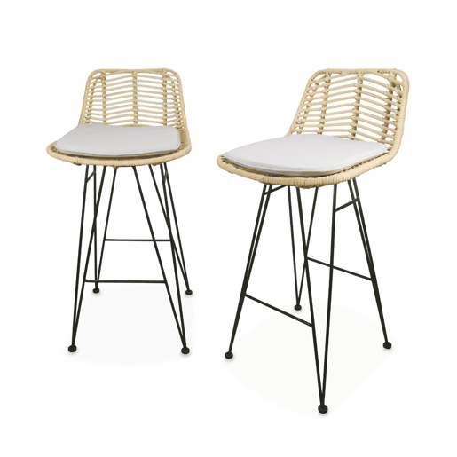 Banco alto de cozinha em metal e rotim, set de 2, Cahya, Natural, 42.5x48x90 cm