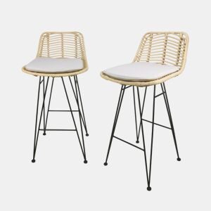 Banco alto de cozinha em metal e rotim, set de 2, Cahya, Natural, 42.5x48x90 cm