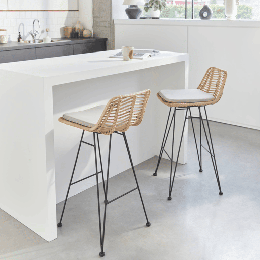 Banco alto de cozinha em metal e rotim, set de 2, Cahya, Natural, 42.5x48x90 cm