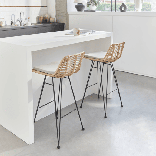 Banco alto de cozinha em metal e rotim, set de 2, Cahya, Natural, 42.5x48x90 cm