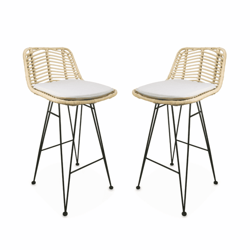 Banco alto de cozinha em metal e rotim, set de 2, Cahya, Natural, 42.5x48x90 cm
