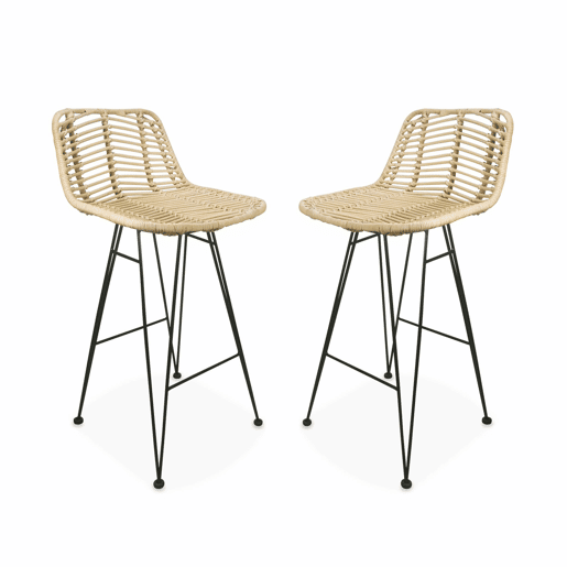 Banco alto de cozinha em metal e rotim, set de 2, Cahya, Natural, 42.5x48x90 cm