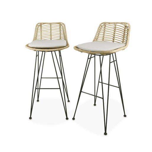 Banco alto de cozinha em metal e rotim, set de 2, Cahya, Natural, 42.5x48x97 cm