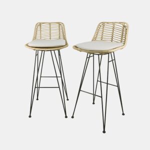 Banco alto de cozinha em metal e rotim, set de 2, Cahya, Natural, 42.5x48x97 cm