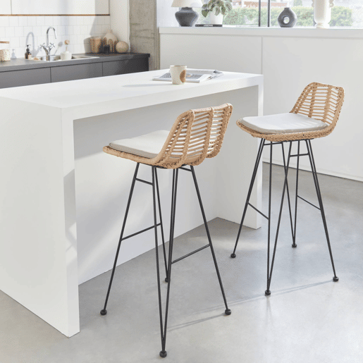 Banco alto de cozinha em metal e rotim, set de 2, Cahya, Natural, 42.5x48x97 cm