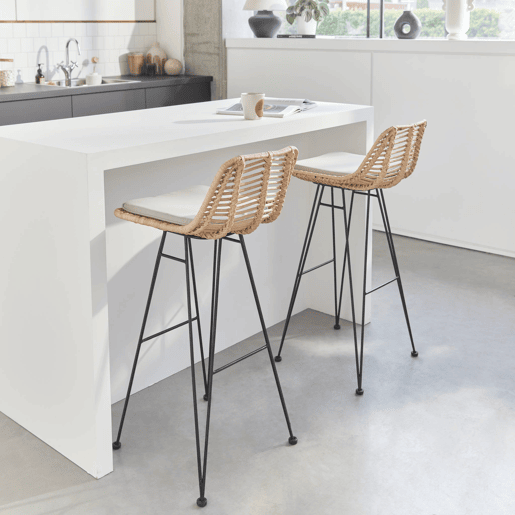 Banco alto de cozinha em metal e rotim, set de 2, Cahya, Natural, 42.5x48x97 cm