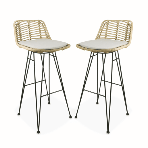 Banco alto de cozinha em metal e rotim, set de 2, Cahya, Natural, 42.5x48x97 cm