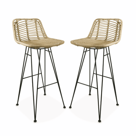 Banco alto de cozinha em metal e rotim, set de 2, Cahya, Natural, 42.5x48x97 cm