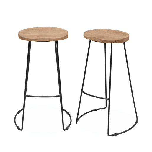 Banco alto de cozinha de madeira e aço, set de 2, Jaya, Natural, 44x36x75 cm