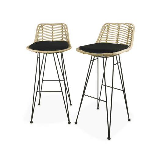 Banco alto de cozinha em metal e rotim, set de 2, Cahya, Preto, 42.5x48x97 cm