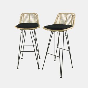 Banco alto de cozinha em metal e rotim, set de 2, Cahya, Preto, 42.5x48x97 cm