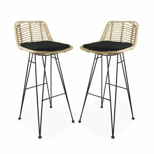 Banco alto de cozinha em metal e rotim, set de 2, Cahya, Preto, 42.5x48x97 cm