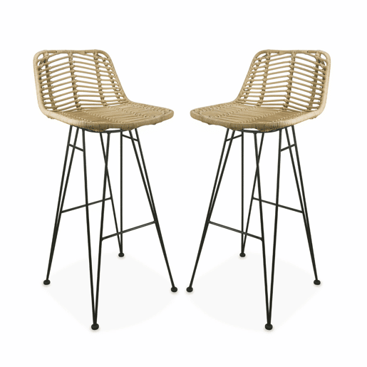 Banco alto de cozinha em metal e rotim, set de 2, Cahya, Preto, 42.5x48x97 cm