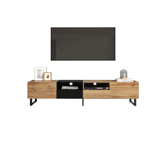 Mueble TV 190cm de MDF con 2 puertas y 2 cajones,negro+madera