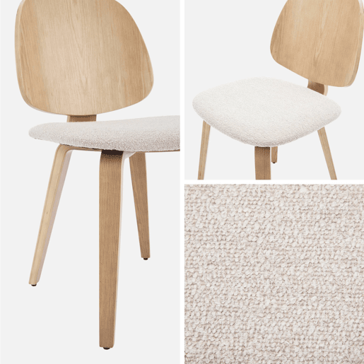 Cadeira curvada de madeira em tecido boucle, set de 2, Sophia, Cinza Claro, 47x53x81 cm
