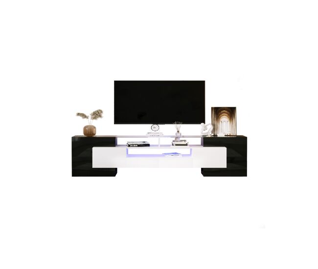 Mueble TV 200cm de panel de partículas con luz LED,6 puertas,2 cajones y 3 estantes,negro