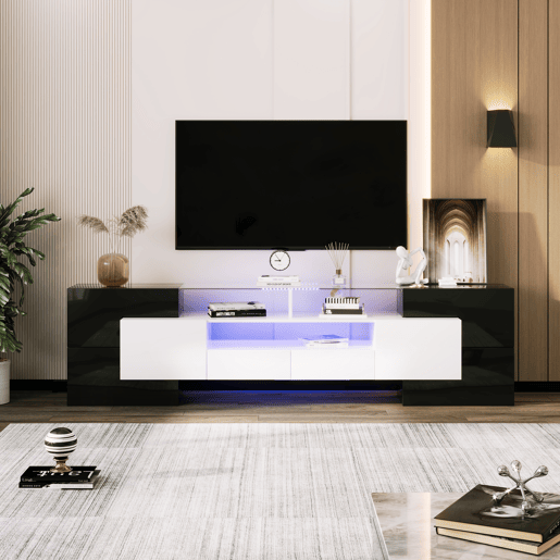 Móvel de TV 200cm de painel de partículas com luz LED,6 portas,2 gavetas e 3 estantes,preto