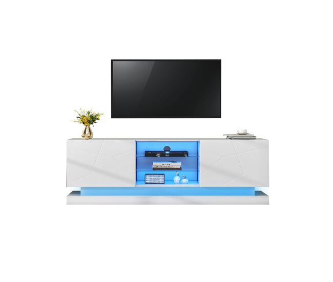 Mueble TV 160cm de alto brillo de panel de partículas con luz LED y 2 puertas,blanco