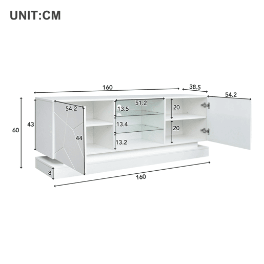 Móvel de TV 160cm de painel de partículas com luz LED e 2 portas,branco