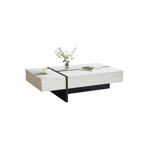 Mesa de centro retangular de painel de partículas com 3 gavetas e luz LED,branco