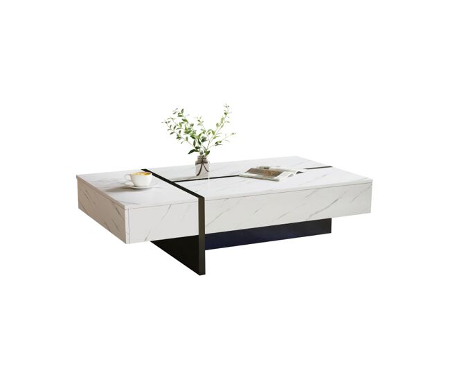 Mesa de centro rectangular de panel de partículas con 3 cajones y luz LED,blanco