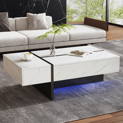 Mesa de centro retangular de painel de partículas com 3 gavetas e luz LED,branco