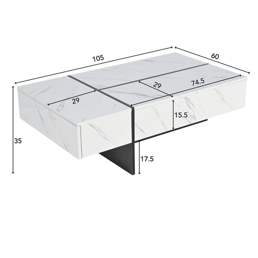 Mesa de centro retangular de painel de partículas com 3 gavetas e luz LED,branco