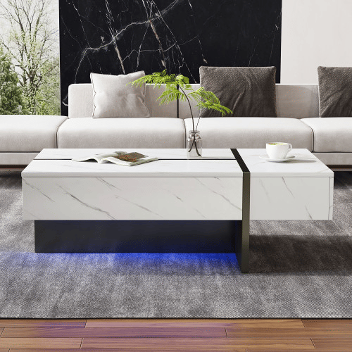 Mesa de centro retangular de painel de partículas com 3 gavetas e luz LED,branco