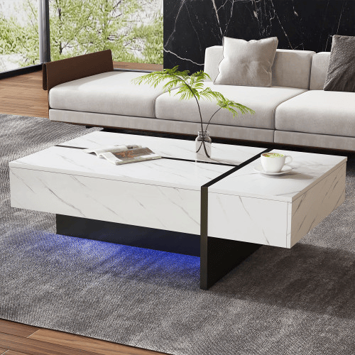 Mesa de centro retangular de painel de partículas com 3 gavetas e luz LED,branco